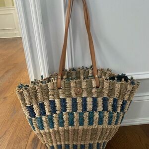 Tory Burch Tan and Blue Striped Woven Tote